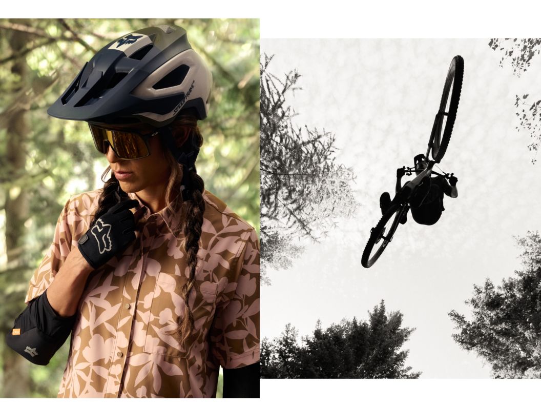 A mountain biker prepares to ride, next to an image of a mountain biker catching air. 